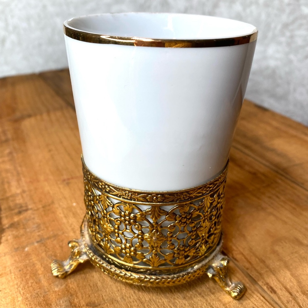 Vintage Stylebuilt Porcelain And Gilded Gold Tone Vanity Cup Holder